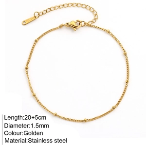 Tobillera de acero inoxidable dorado con cadena de cuentas y cierre ajustable, 20+5cm