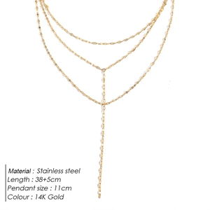 Collar de tres capas en acero inoxidable chapado en oro 14K con borla larga de 11cm