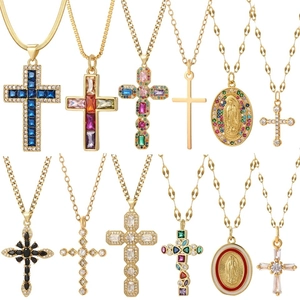 Collana Pendente in Rame Con Catena in Acciaio Inossidabile Placcato Oro Zirconia Croce Religiosa Vergine Maria Gioielli
