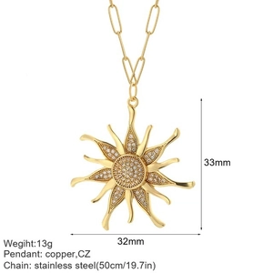 Collar con colgante de sol dorado con circonitas y cadena de clip con medidas mostradas