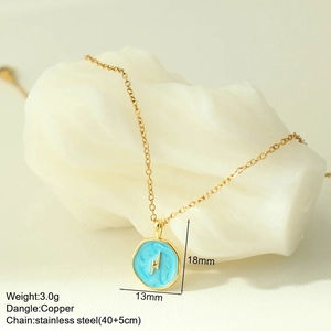 Detail of 3.0g gold necklace showing 13x18mm enamel charm on stainless steel chain
