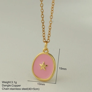 Detail view of pink enamel star pendant necklace with dimensions and material specs