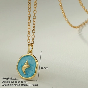 Detail of seashell charm with blue enamel showing 15mm height and stainless steel chain