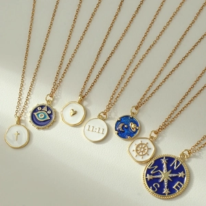 Bohemian gold stainless steel enamel necklaces with moon, star, and evil eye pendants
