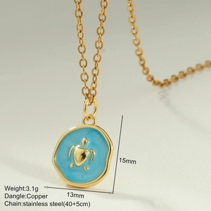 Macro detail of enamel sea turtle pendant with stainless steel chain specifications