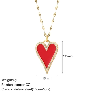 Detailed specs of stainless steel necklace with red enamel heart pendant and CZ inlay
