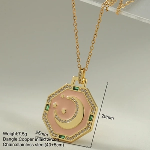 Detail of pink enamel moon and star octagon pendant with zircon stones and gold chain