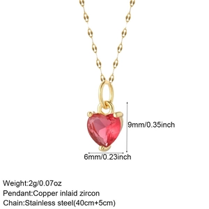 Detailed size specifications for the red heart pendant necklace with paperclip chain