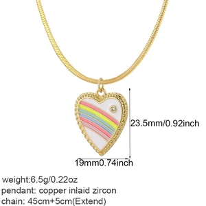 Detailed view of rainbow enamel heart pendant on a gold chain with dimension markings