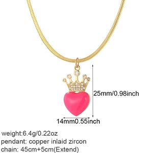 Detailed size specifications of the crown heart pendant and gold snake chain necklace