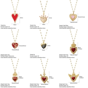 Nine gold stainless steel necklaces with red heart enamel and CZ crystal pendants