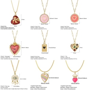 Golden stainless steel necklaces featuring nine unique heart and bow charm designs