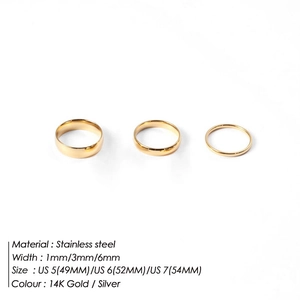 Polished 14K gold stainless steel band rings in 1mm, 3mm, and 6mm widths for couples