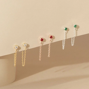 Long tassel chain earrings with colorful cubic zirconia in gold and silver finish