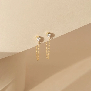 Elegant gold stainless steel long tassel earrings with sparkling round cubic zirconia