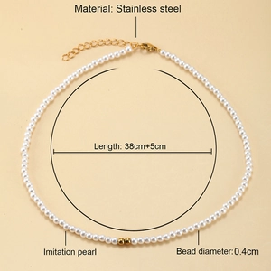 Detail view of pearl necklace with stainless steel clasp and 38cm plus 5cm length specs