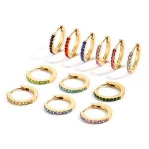 Set of twelve gold-toned stainless steel hoop earrings with colorful zircon inlay