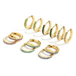 Set of 6 pairs of gold-plated huggie hoop earrings with multi-colored pavé cubic zirconia