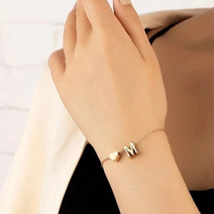 Minimalist gold stainless steel chain bracelet with heart and letter M pendants