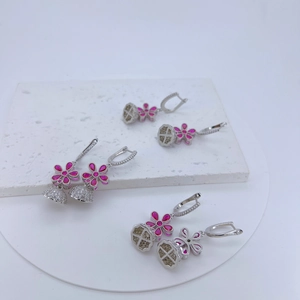 Ethnic S925 silver Jhumka earrings with pink pear-shaped zircon floral patterns