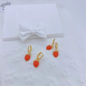 Sweet red strawberry pendant earrings with gold hoops and sparkling crystals