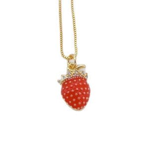 Sweet red strawberry pendant necklace with gold chain and sparkling crystal leaves