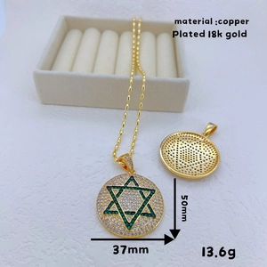 18K gold-plated copper Star of David pendant necklace with green and white crystals