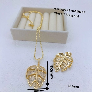 18k gold plated copper leaf pendant necklace with micro-pave zircons for women