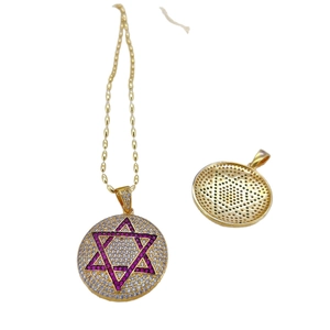 Gold plated Star of David pendant with red and white crystals on a beaded necklace chain