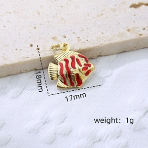 Copper tropical fish pendant with red enamel stripes, 18x17mm size for beach jewelry
