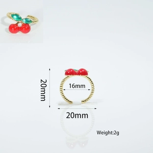 Detail view of gold cherry ring with dimensions 20mm height and 16mm inner diameter