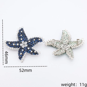 Starfish brooch with blue and white crystals, front and back view, 52mm x 46mm size