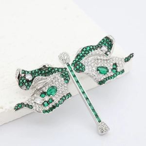 Exquisite vintage dragonfly brooch with green emerald and white zircon gemstones