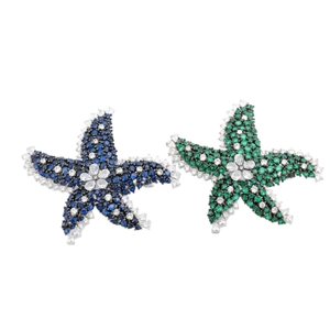 Micro-paved starfish brooches in sapphire blue and emerald green with zircon stones
