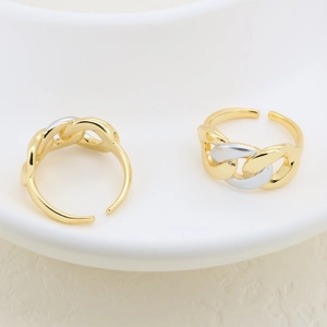 Two-tone woven chain open ring with adjustable gold and silver plated finish