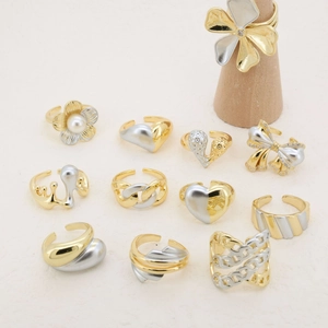 Two-Tone Electroplated Copper Open Ring Geometric Irregular Adjustable Ring For Women Rhinestone Artificial Pearl Jewelry