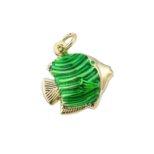 Golden fish pendant with bright green enamel detailing for beach vacation necklaces