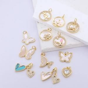 Cute Copper Gold Plated Pendants With Shell Rhinestone Butterfly Heart Animal Shape DIY Jewelry Charms For Women