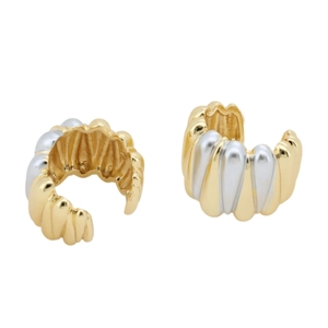 Two-tone gold and silver ribbed cuff earrings with a minimalist open C-shaped design