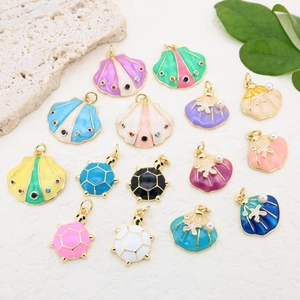 Ocean Enamel Shell Sea Turtle Pendants Gold Plated Copper DIY Jewelry Making Accessories With Faux Artificial Pearl Zirconia Charms