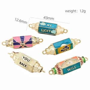 Five-piece gold-plated hexagonal jewelry connectors with colorful enamel and zircon stones