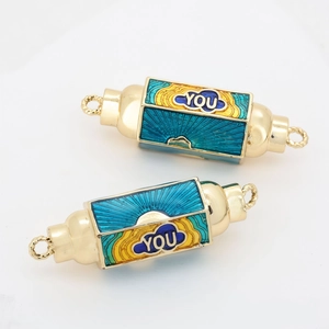 Hexagonal enamel jewelry connectors with YOU engraving and blue yellow zircon details