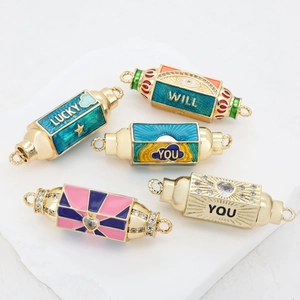 Bohemian Copper Enamel Jewelry Connectors DIY Charms With Rhinestone Barrel Cylindrical Lucky Letter Heart Eye Pendants Accessories