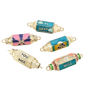 Hexagonal zircon connectors with colorful enamel lucky symbols in gold plating