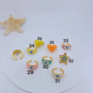 Colorful enamel evil eye and heart adjustable open rings set in gold-plated finish