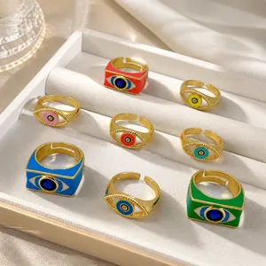 Adjustable evil eye enamel rings in various colors with micro-pave gold finish