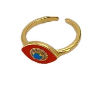 Adjustable gold evil eye ring featuring red enamel, blue center stone and zircon accents