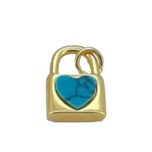 Pendentif cadenas cœur plaqué or 18K avec incrustation turquoise et zircons