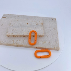 Detail von orangefarbenen ovalen Karabinerhaken auf einer neutralen Dekorplatte