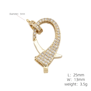 18k gold plated copper lobster clasp with micro-pave cubic zirconia for DIY jewelry